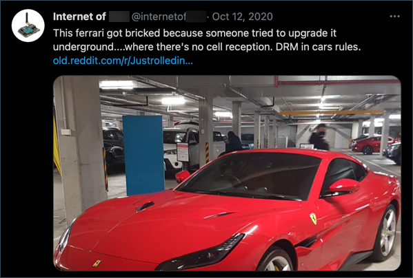 This ferrari got bricked because someone tried to upgrade it underground where there&#39;s no cell reception