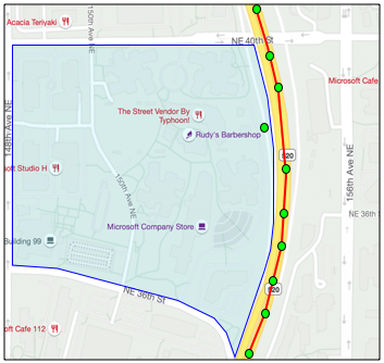 顯示一輛車沿著 520 經過微軟校園的 GPS 路徑，沿著道路的 GPS 讀數，除了在地理圍欄內的一個讀數