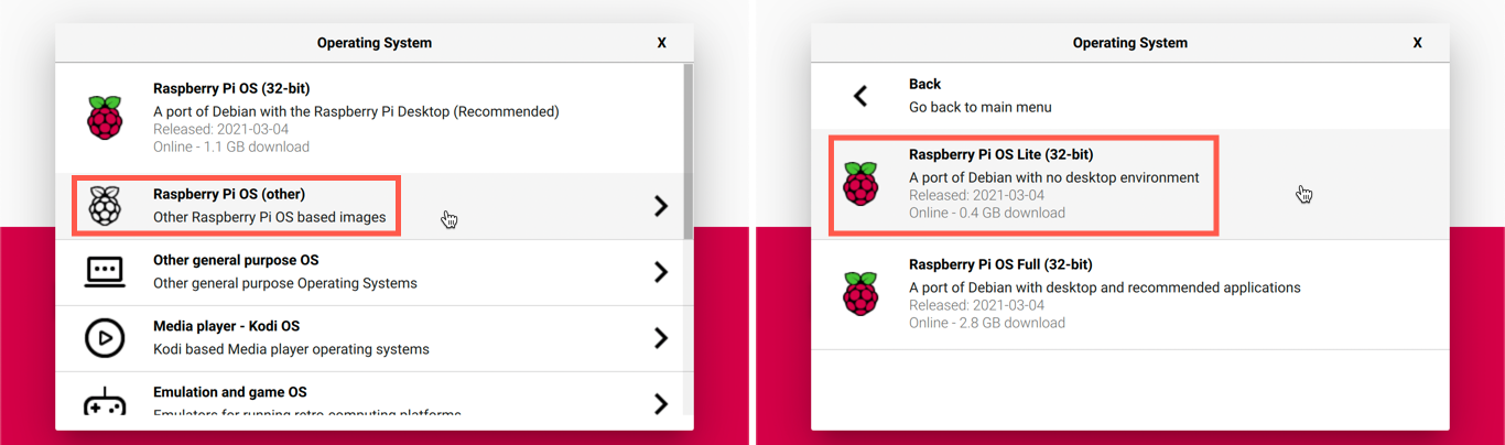 Raspberry Pi Imager 裡選擇 Raspberry Pi OS Lite